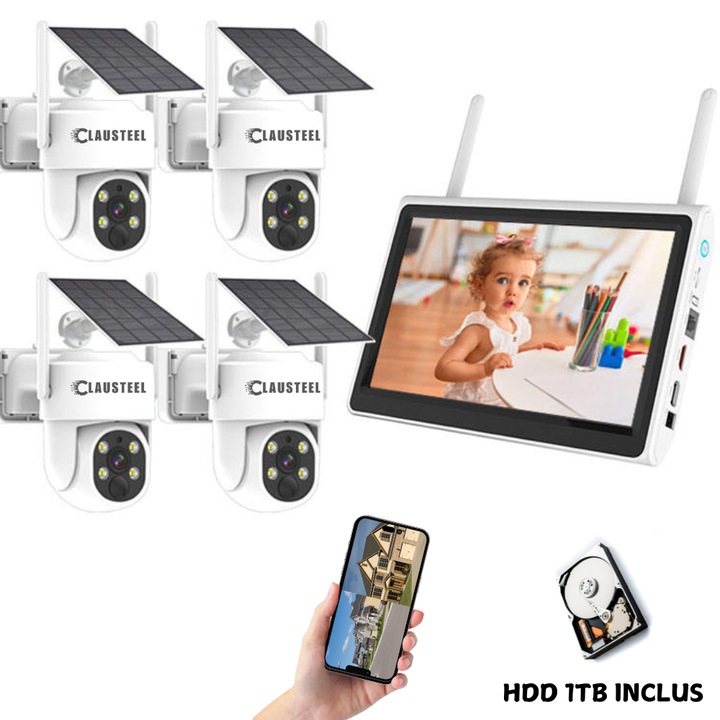 Kit complet cu 4 camere de supraveghere CLAUSTEEL DQ02 cu panou solar, WIFI, 4MPX, acumulator 9000mAh, NVR cu display 10.1 inch, control din aplicatie, senzor de miscare integrat, Night Vision Color, HDD 1 TB inclus