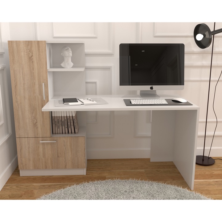 Birou Atelier Dakota, dimensiuni 150x59x120cm, culoare alb/sonoma, 2 usi