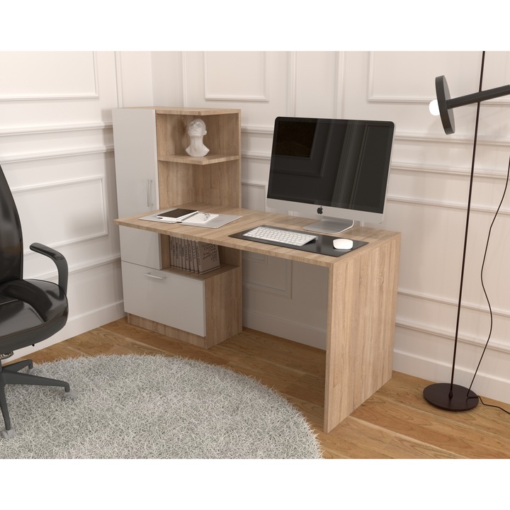 Birou Atelier Dakota, dimensiuni 150x59x120cm, culoare sonoma/alb, 2 usi