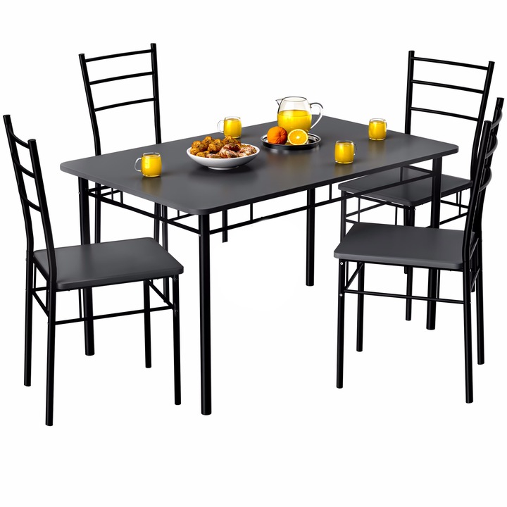 Трапезен комплект Casaria, 5 части, маса 110 x 68 x 74,5 см с 4 стола 37 x 44 x 86,5 см, метална конструкция, плот от MDF, черен