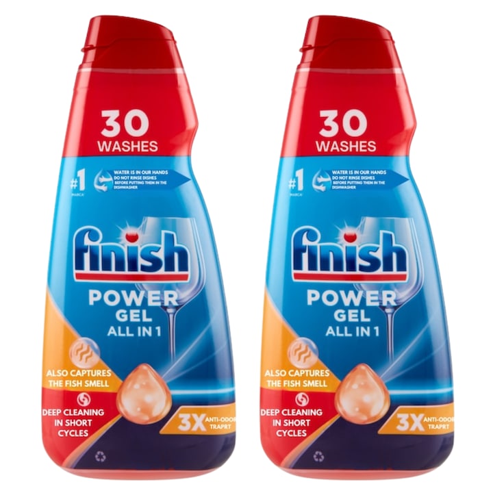 Опаковка от 2x Finish препарат за съдомиялна машина, All in One Power Gel, против миризми, 30 измивания, 600 ml