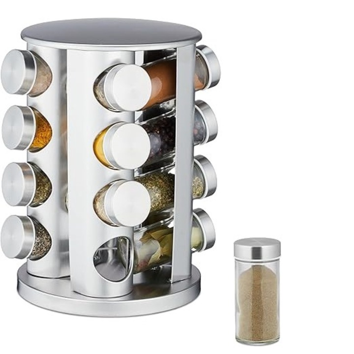 16 db-os rozsdamentes acél és üveg fűszertartó készlet forgatható állvánnyal, 19,5x19,5x28 cm, űrtartalom 100 ml, Szervezet és elegancia a konyhában, ezüst - SMArtCo