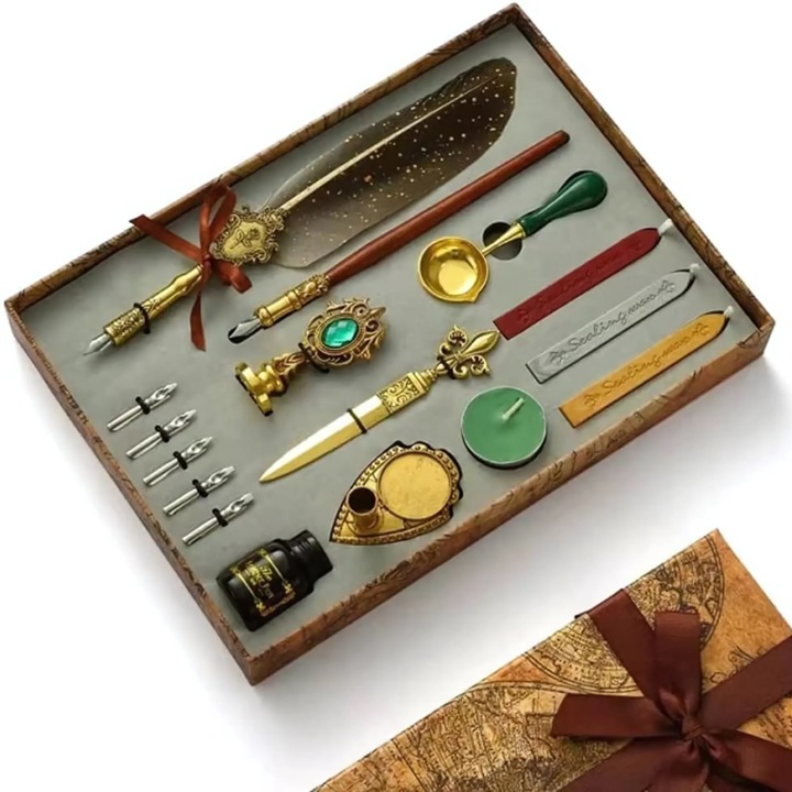 Set caligrafie Promerco®, design vintage, stilou cu pana, fasii de ceara, cerneala, calimara, 5 penite, lingurita, cutit, dezvolta calitatea scrisului, efecte benefice majore asupra sanatatii fizice si mentale, maro