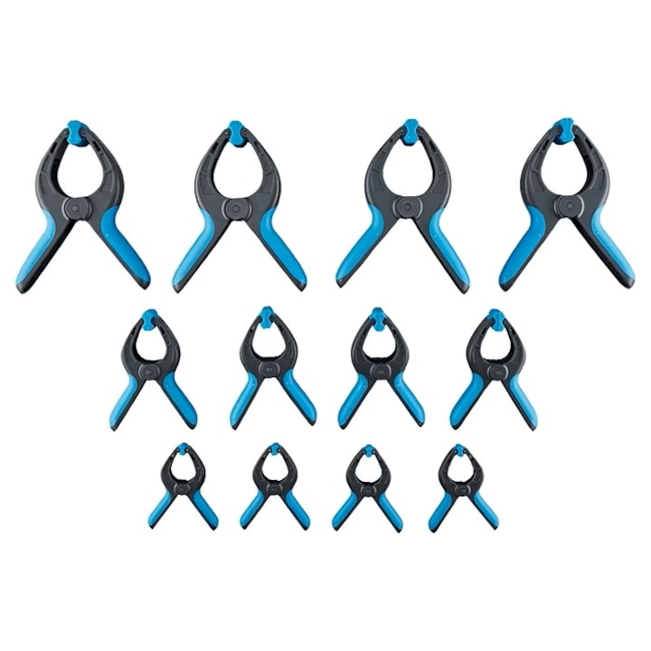 Set 12 cleme fixare cu manere ergonomice, dimensiuni aprox. 8.6 cm, 11.8 cm, 16.5 cm, Workzone