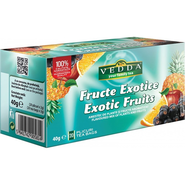 Ceai Fructe Exotice, amestec plante si fructe, fara aditivi, fara coloranti, 20 plicuri, 40g, Vedda