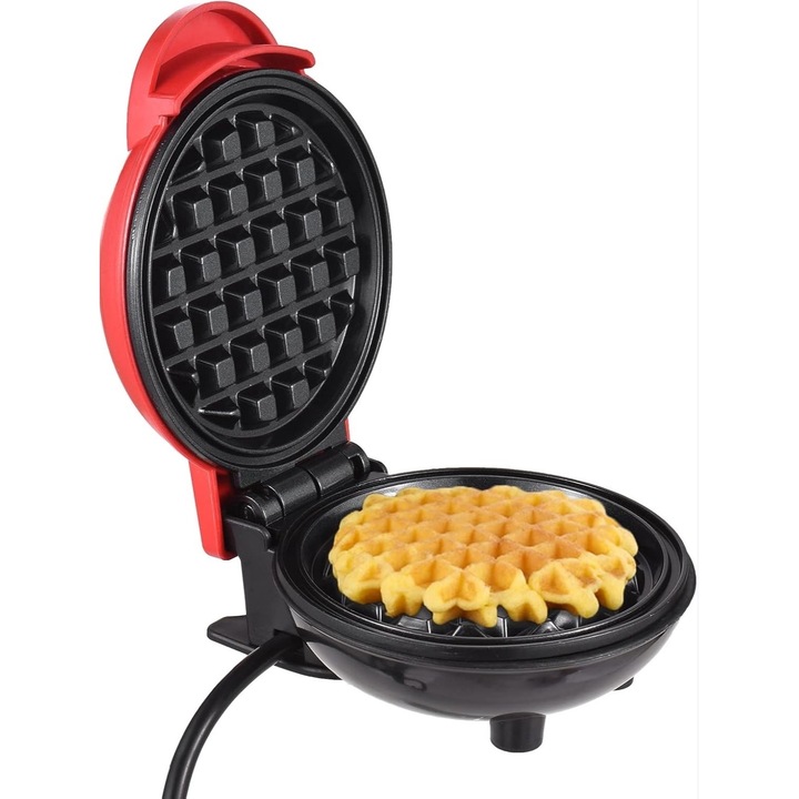 Mini aparat multifunctional pentru gofre, vafe si gustari, placi antiaderente, indicator luminos, design compact si practic, rosu vibrant, perfect pentru deserturi rapide si retete creative