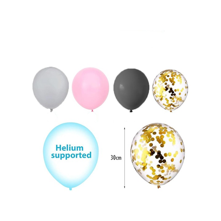 55 db sötétszürke, rózsaszín és szürke léggömb készlet arany konfetti lufikkal