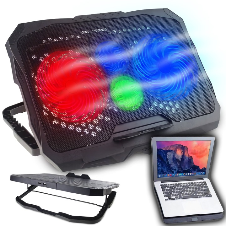 Suport de Racire Gaming pentru Laptop, RETOO PlayTech, cu 4 Ventilatoare cu Iluminare RGB, Viteza Reglabila 1000-2200RPM, Compatibil 12-17", 2xUSB 2.0, Reglaj al Inaltimii si Unghiului, Negru