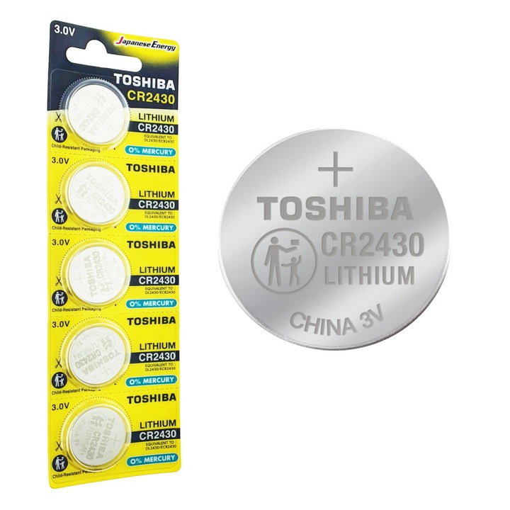 Set 5 baterii litiu 3V CR2430, tip moneda, Toshiba, in blister CR2430