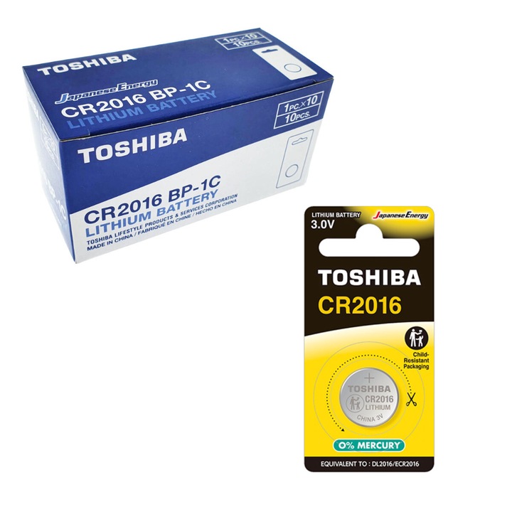 Set 10 baterii litiu 3V CR2016, tip moneda, Toshiba, in blister CR2016
