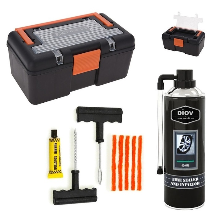 Kit Pana cu Snur Vulcanizare Auto la Rece, Adeziv Cauciuc, Spray Umflat Peparat Anvelope Tubeless si Cutie Scule