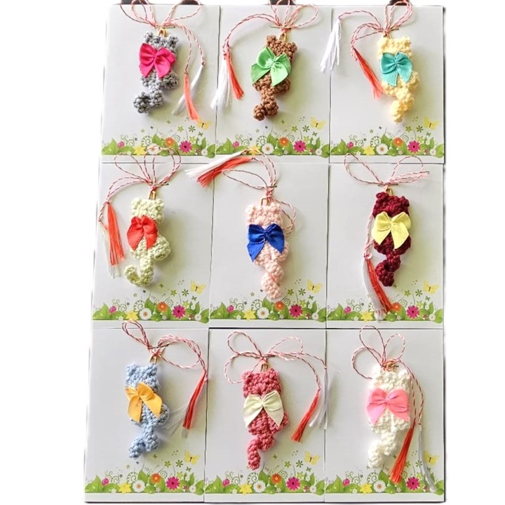 Martisor crosetat pisicuta, mix de culori, 6cm, set 5 buc