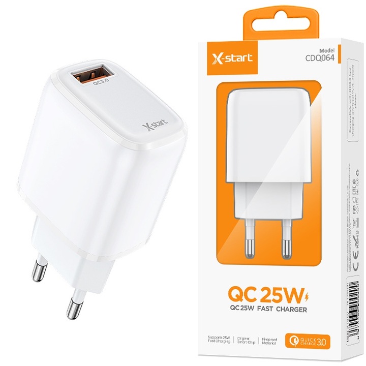 Adaptor X-Start CDQ064, Port USB, Incarcare rapida 25W, Alb