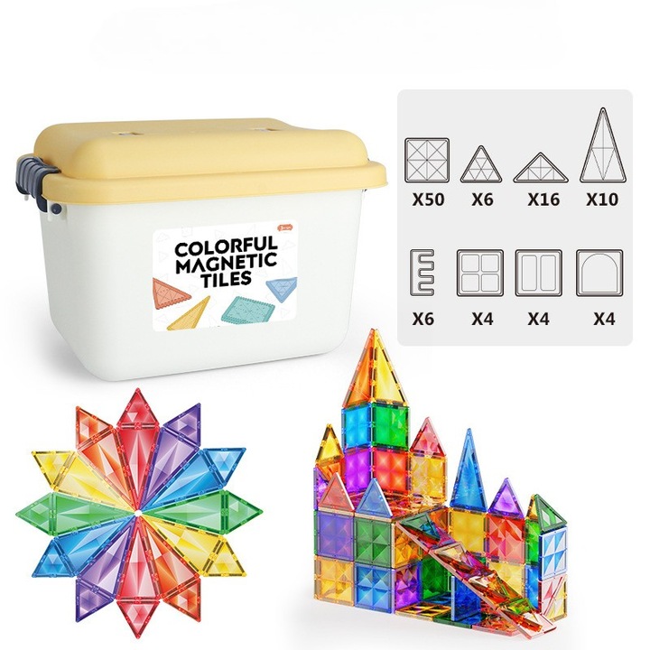 Set de Constructie Magnetic, Educativ si Creativ, Ultimate Edition, 120 piese multicolore + 2 platforme cu Roti si Cutie de Depozitare