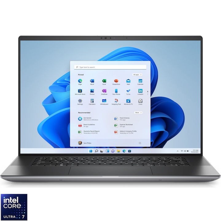 Laptop Dell Precision Workstation 5690 cu procesor Intel® Core™ Ultra 7 165H pana la 5.0GHz, 16" Full HD+, IPS, 32GB LPDDR5x RAM, 1TB SSD, NVIDIA® GeForce RTX™ 2000 8GB GDDR6, Windows 11 Pro, Silver