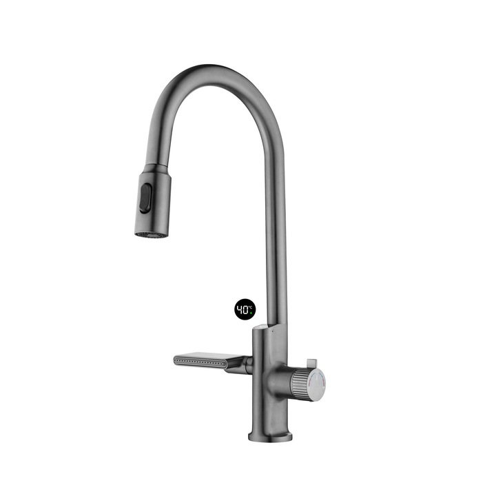 Смесител за кухня с изтеглящ се душ, 2 проточни функции, дигитален дисплей, луксозен сив цвят