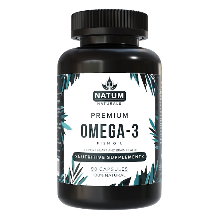 Supliment Alimentar Omega 3 Premium, NATUM NATURALS®, Ulei de Peste 1000 mg, Glicerina 90mg, Vitamina E 10 mg, Natural, Vitamine, Minerale, Nutritie, Absorbtie Superioara, Fara Alergeni, Protectie Antioxidanta, Usor Inghitit, Cure 90 Zile, 90 Capsule