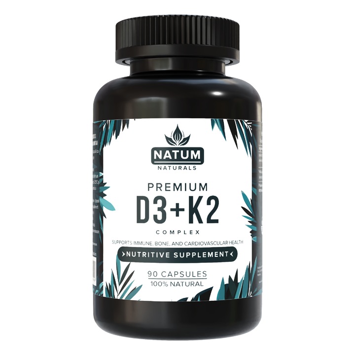 Supliment Alimentar Vitamina D3 + K2 Premium, NATUM NATURALS®, D3 25 mcg, K2 37.5 mcg, Vitamine, Minerale, Natural, Nutritie, Fara Alergeni, Biodisponibilitate Crescuta, Absorbtie Ridicata, Suport Imunitar, Vegan, Usor Inghitit, Cure 90 Zile, 90 Capsule