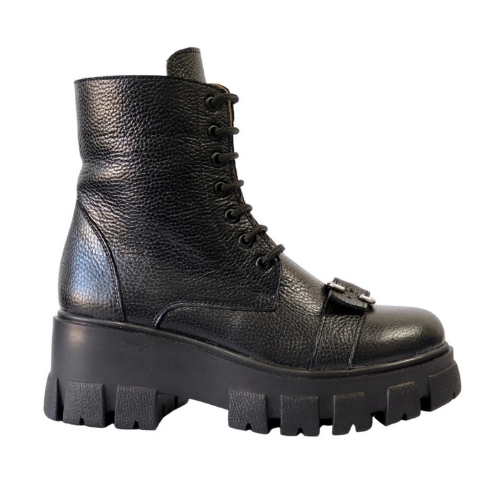 Ghete cu Catarame si Talpa Inalta cu Platforma Negre Melania din Piele Naturala, Mateo Shoes, 39 EU