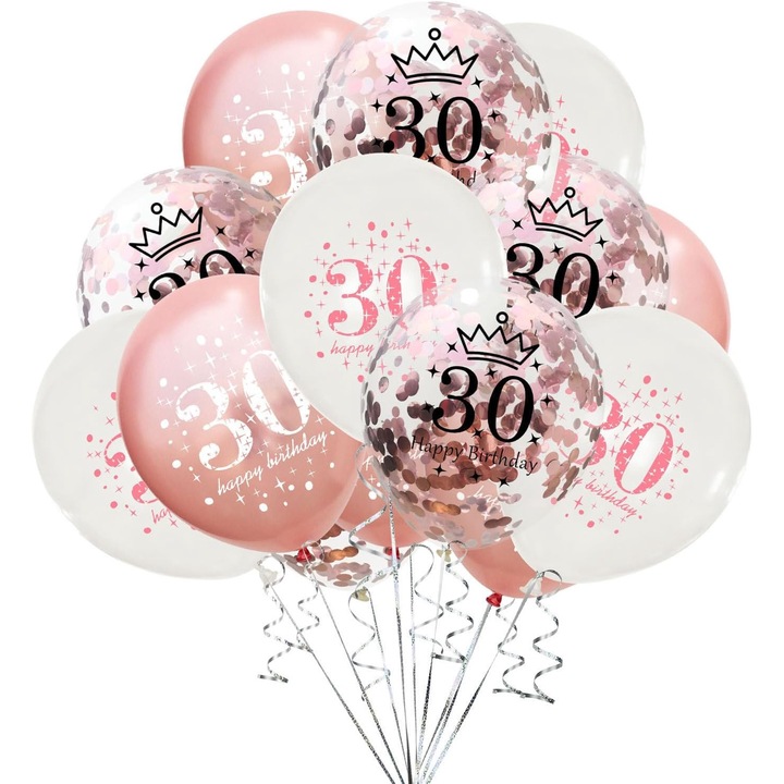 30. születésnapi léggömbök és dekorációk, latex, 15 darab, fehér és rózsa arany