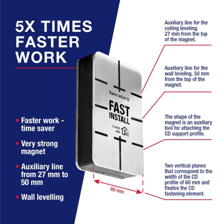 Магнит Fast Install за монтаж на профили от гипсокартон, сив
