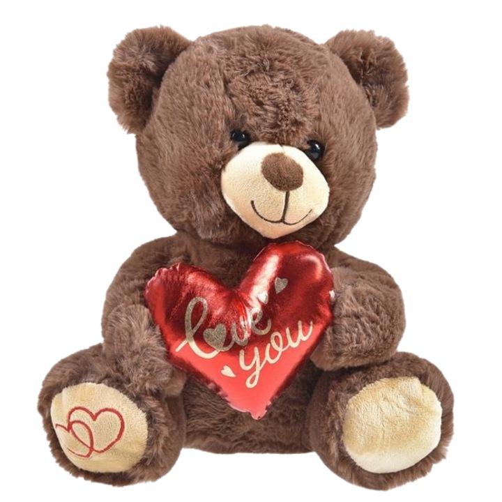 Кафяво плюшено мече NARCIX®, с червено сърце „Love You“, 24x17x25 см