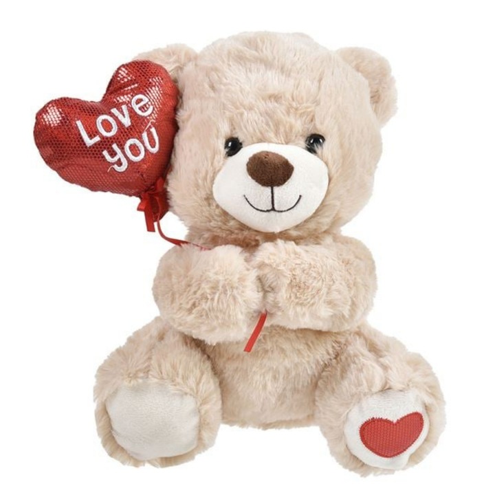 Ursulet de plus NARCIX, Bej cu Balon Rosu "Love You", 24x18x25cm