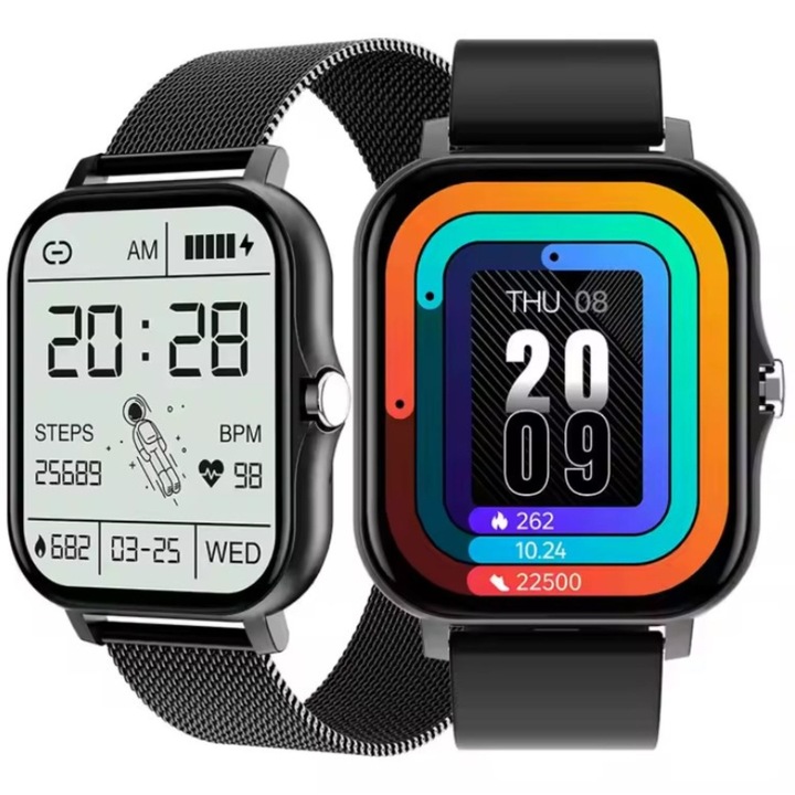 Ceas smart cu doua curele - Silicon & Otel inoxidabil, VLAMIA, Apeluri, Microfon, Difuzor, Notificari/Sms/Social Media, Monitorizare Activitati Fizice, Somn, Ritm cardiac, Alarma, Negru