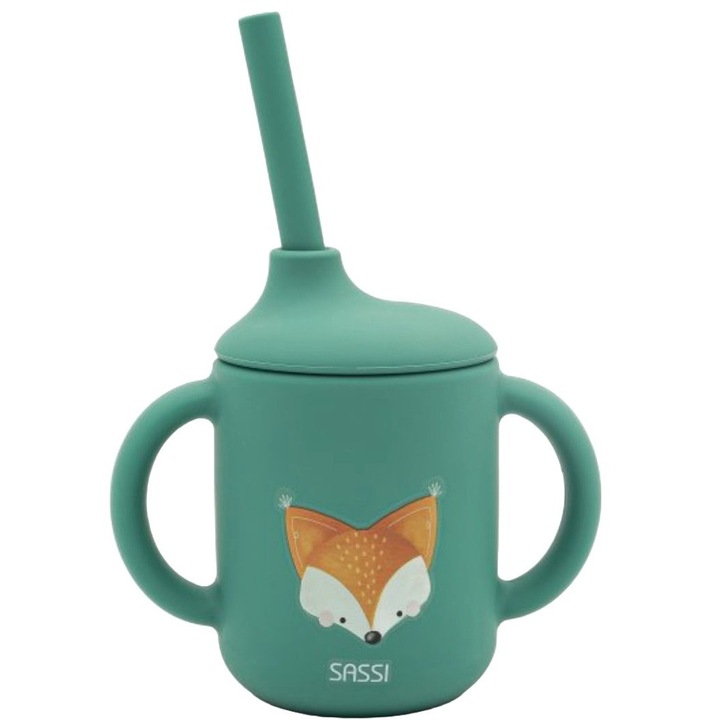 Sassi Crunchy the Fox zöld szilikon szívószálas pohár