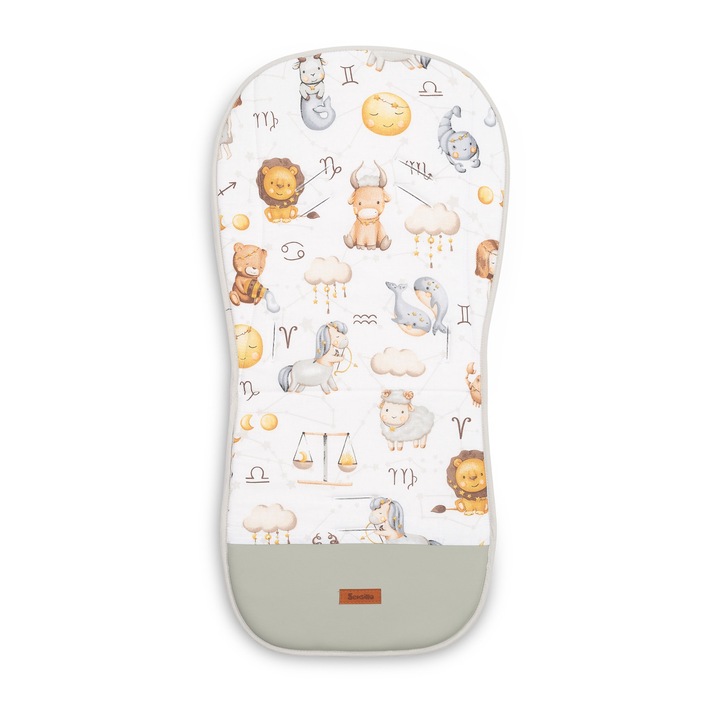 Insertie carucior, Sensillo, Muslin, Universala, Reversibila, Din bumbac muselin 100%, Pentru confort sporit, Cu decupaje pentru centura de siguranta, 80x40 cm, 0 luni+, Gray Zodiac