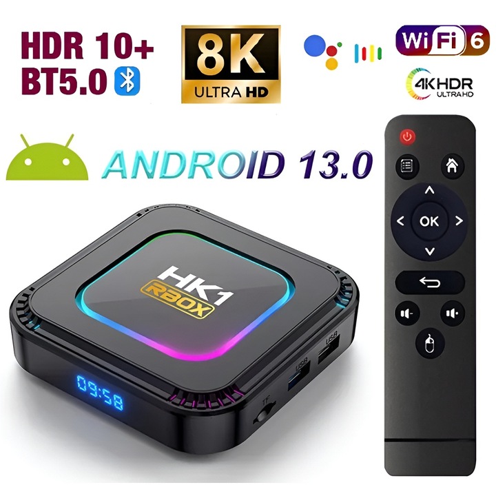 Smart tv box, 8K Ultra HD, Quad core ARM Cortex-A53, Android 13.0, 2.4G/5G Dual Wi-Fi, RAM 2GB, ROM 16GB, USB 3.0, BT 5.0, HDR10+, Excitat®, Negru