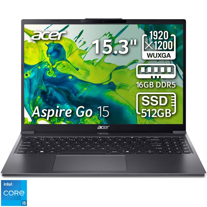 Acer Aspire Go 15 AG15-51P-50C1 laptop Intel® Core™ i5-1334U processzorral akár 4,6 GHz, 15,3", WUXGA, IPS, 16 GB DDR5 RAM, 512 GB SSD, Intel® UHD grafikus kártya, No OS Acélszürke