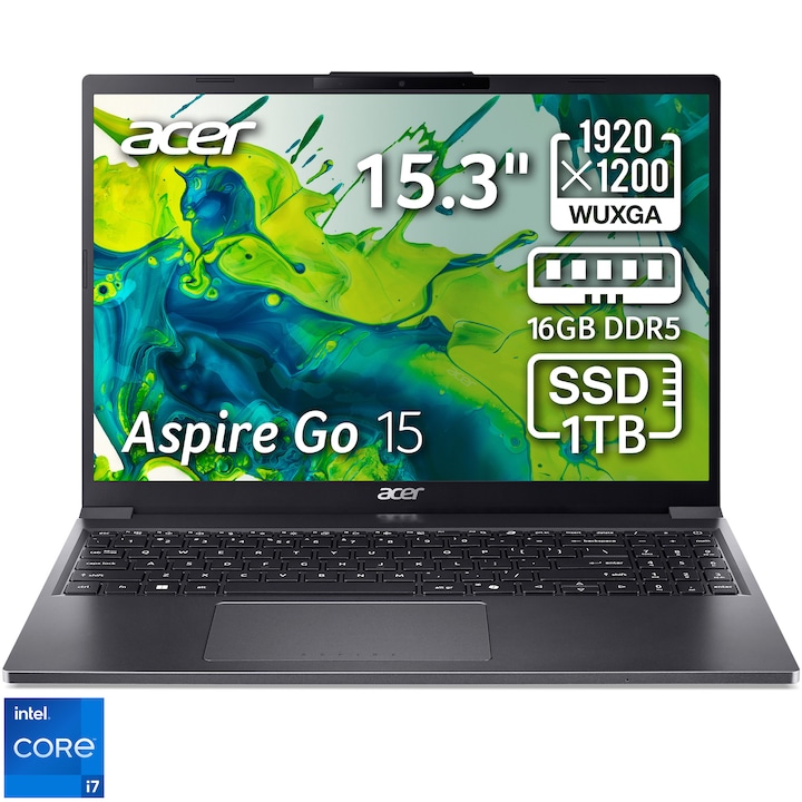 Acer Aspire Go 15 AG15-51P-79QH laptop Intel® Core™ i7-1355U processzorral akár 5,0 GHz-ig, 15,3", WUXGA, IPS, 16 GB DDR5 RAM, 1 TB SSD, Intel® UHD grafika, No OS, acélszürke