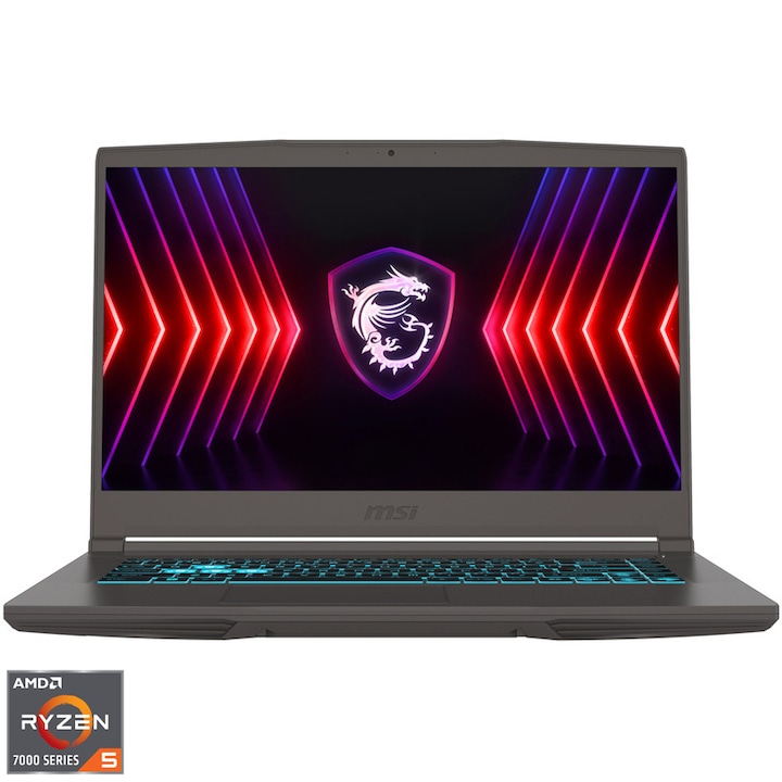 MSI Thin A15 B7VE-427XRO Gaming laptop AMD Ryzen™ 5 7535HS processzorral akár 4,55 GHz-ig, 15,6 hüvelykes Full HD, 144 Hz, IPS, 16GB DDR5 RAM, 512GB SSD, NVIDIA GeForce RTX 4050 6GB GDDR6, No OS, Szürke