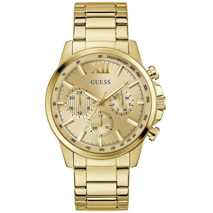Мъжки часовник Guess Walker 44 мм, златист, кварцов механизъм, водоустойчив 50м, верижка от неръждаема стомана