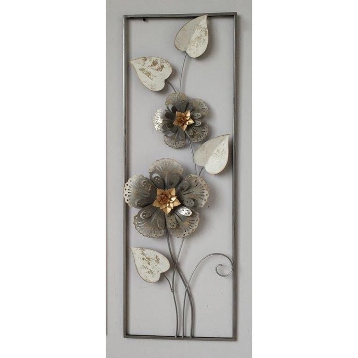 Decoratiune metalica de perete, model ajurat flori si frunze, culori alb auriu, 31.1x89.5x3.8 cm
