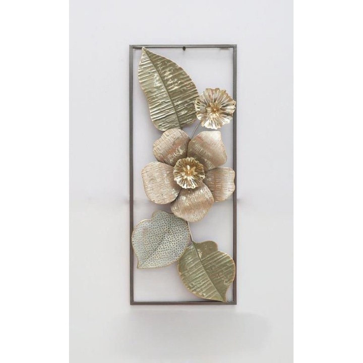 Decoratiune metalica de perete, model flori si frunze, culori verde bronz, 24.8x61x3.8 cm