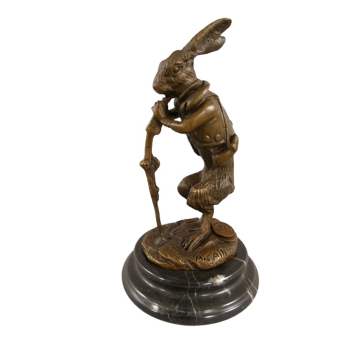Statueta din bronz, iepure cu baston pe soclu din marmura, H. 15 x 9 cm