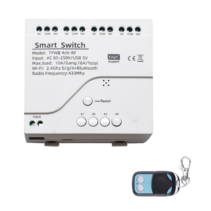 Smart relé, HomeVast®, 4 csatornával, WiFi+RF, 3 üzemmóddal, 85-250V/USB, kompatibilis a TuyaSmart, SmartLife, Google Home és Amazon Alexa szolgáltatással