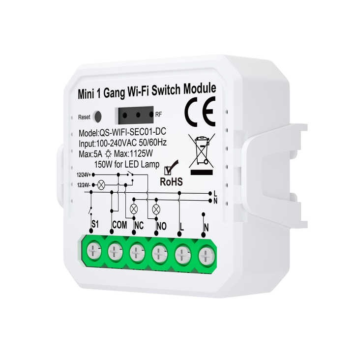 Releu inteligent, HomeVast®, cu 1 canal, ZigBee, dry contact, 100-250VAC/12-24VDC, compatibil TuyaSmart, SmartLife, Google Home si Amazon Alexa