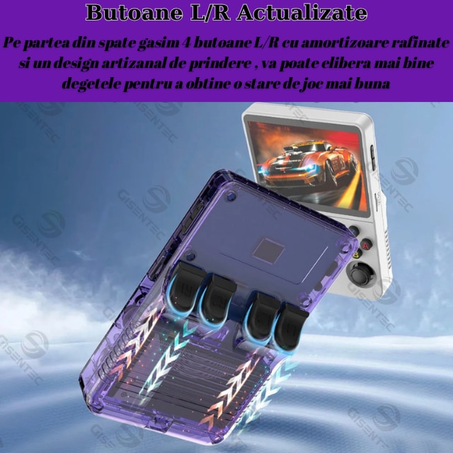 Consola de Jocuri Portabila, Ecran HD de Inalta Calitate de 3, 5 Inch, Design Compact, cu Card de 128 Gb inclus in Consola, Rezolutie de 1280 x 720, Procesor RK3326 /ARM 64bit Cortex-A35 CPU up to 1.5GHz, Baterie 3500 mah, Wi-Fi, mufa C, culoare Purple
