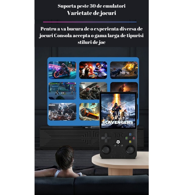 Consola de Jocuri Portabila, Ecran HD de Inalta Calitate de 3, 5 Inch, Design Compact, cu Card de 128 Gb inclus in Consola, Rezolutie de 1280 x 720, Procesor RK3326 /ARM 64bit Cortex-A35 CPU up to 1.5GHz, Baterie 3500 mah, Wi-Fi, mufa C, culoare Purple
