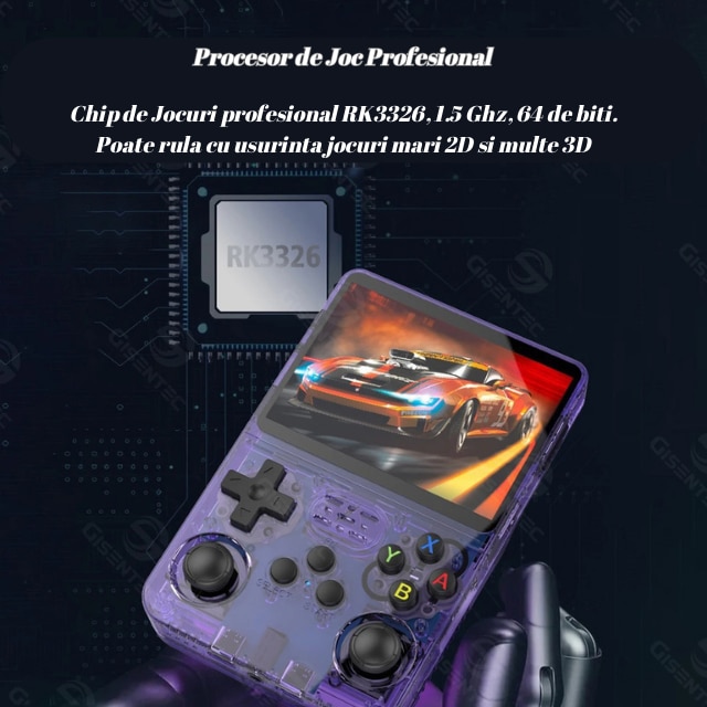 Consola de Jocuri Portabila, Ecran HD de Inalta Calitate de 3, 5 Inch, Design Compact, cu Card de 128 Gb inclus in Consola, Rezolutie de 1280 x 720, Procesor RK3326 /ARM 64bit Cortex-A35 CPU up to 1.5GHz, Baterie 3500 mah, Wi-Fi, mufa C, culoare Purple