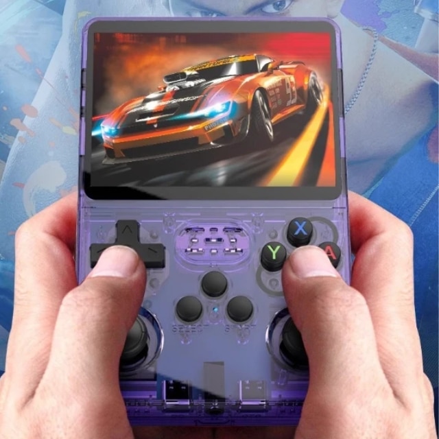 Consola de Jocuri Portabila, Ecran HD de Inalta Calitate de 3, 5 Inch, Design Compact, cu Card de 128 Gb inclus in Consola, Rezolutie de 1280 x 720, Procesor RK3326 /ARM 64bit Cortex-A35 CPU up to 1.5GHz, Baterie 3500 mah, Wi-Fi, mufa C, culoare Purple