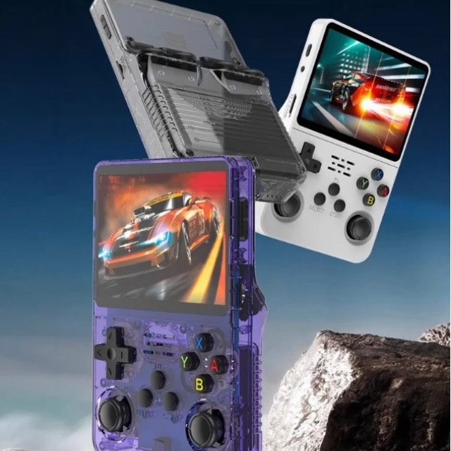 Consola de Jocuri Portabila, Ecran HD de Inalta Calitate de 3, 5 Inch, Design Compact, cu Card de 128 Gb inclus in Consola, Rezolutie de 1280 x 720, Procesor RK3326 /ARM 64bit Cortex-A35 CPU up to 1.5GHz, Baterie 3500 mah, Wi-Fi, mufa C, culoare Purple