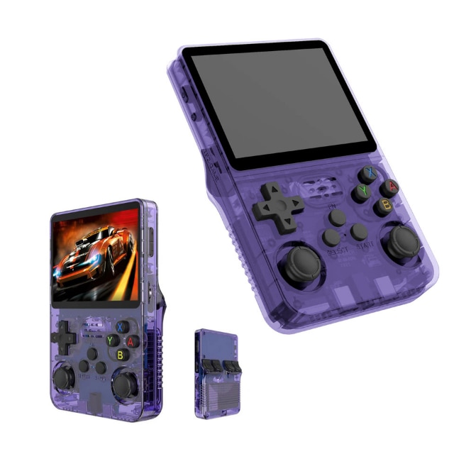 Consola de Jocuri Portabila, Ecran HD de Inalta Calitate de 3, 5 Inch, Design Compact, cu Card de 128 Gb inclus in Consola, Rezolutie de 1280 x 720, Procesor RK3326 /ARM 64bit Cortex-A35 CPU up to 1.5GHz, Baterie 3500 mah, Wi-Fi, mufa C, culoare Purple