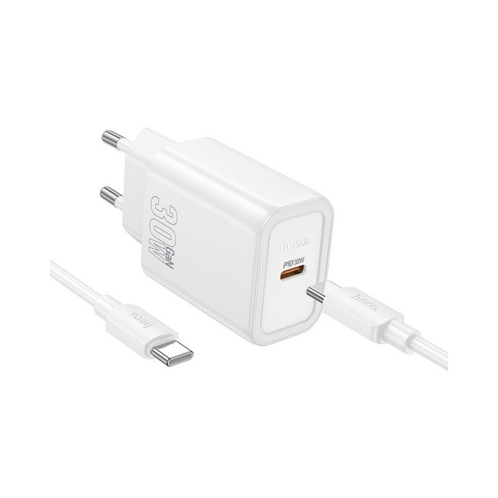 Pachet Incarcator Hoco Compatibil Cu Samsung, Xiaomi, Oppo, Iesire Usb-C, Putere QC GaN 30W, Cablu Usb-C Inclus, Alb, N62