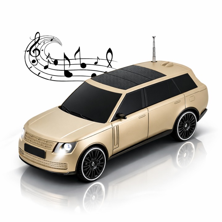 Boxa Portabila Macvi®, Bluetooth 5.0 cu design de masina, faruri luminate, incarcare usb si panou solar, functie suport pentru telefon, bej