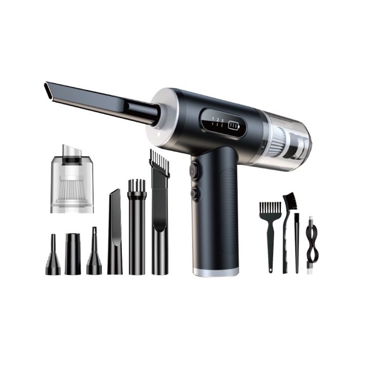 Suflanta de Aer – Dispozitiv Multifunctional fara Fir pentru Curatare si Aspirare: Indepartare Prafului de pe PC, Tastaturi, Gratare, Canapele si Par de Animale. Motor Puternic de 50.000 RPM, 7 Tipuri de Duze, Lanterna si Afisaj LED, Culoare Neagra