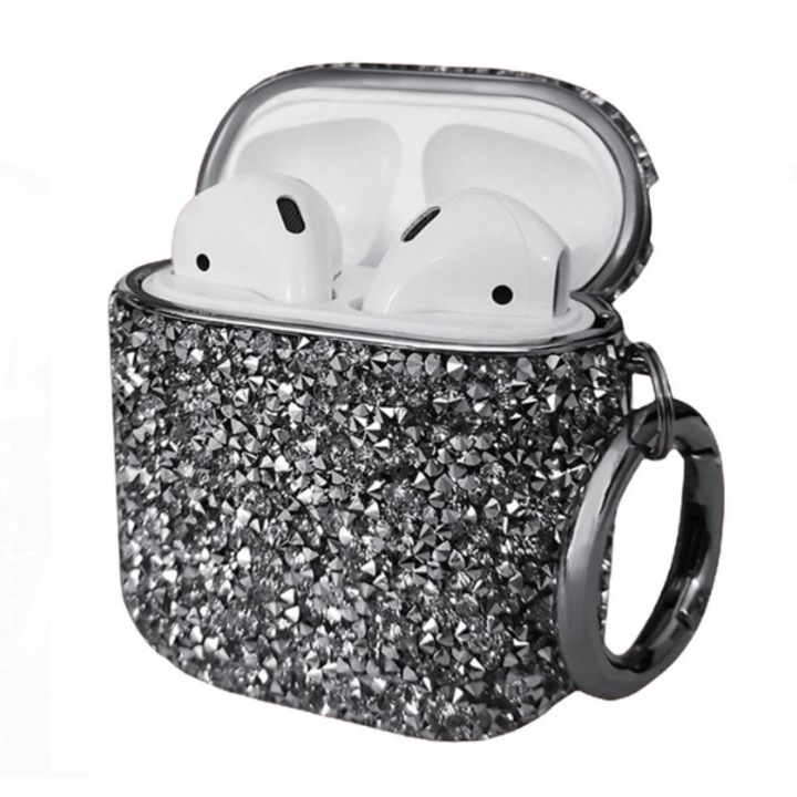 Черен калъф с кристали и кукичка за Airpods